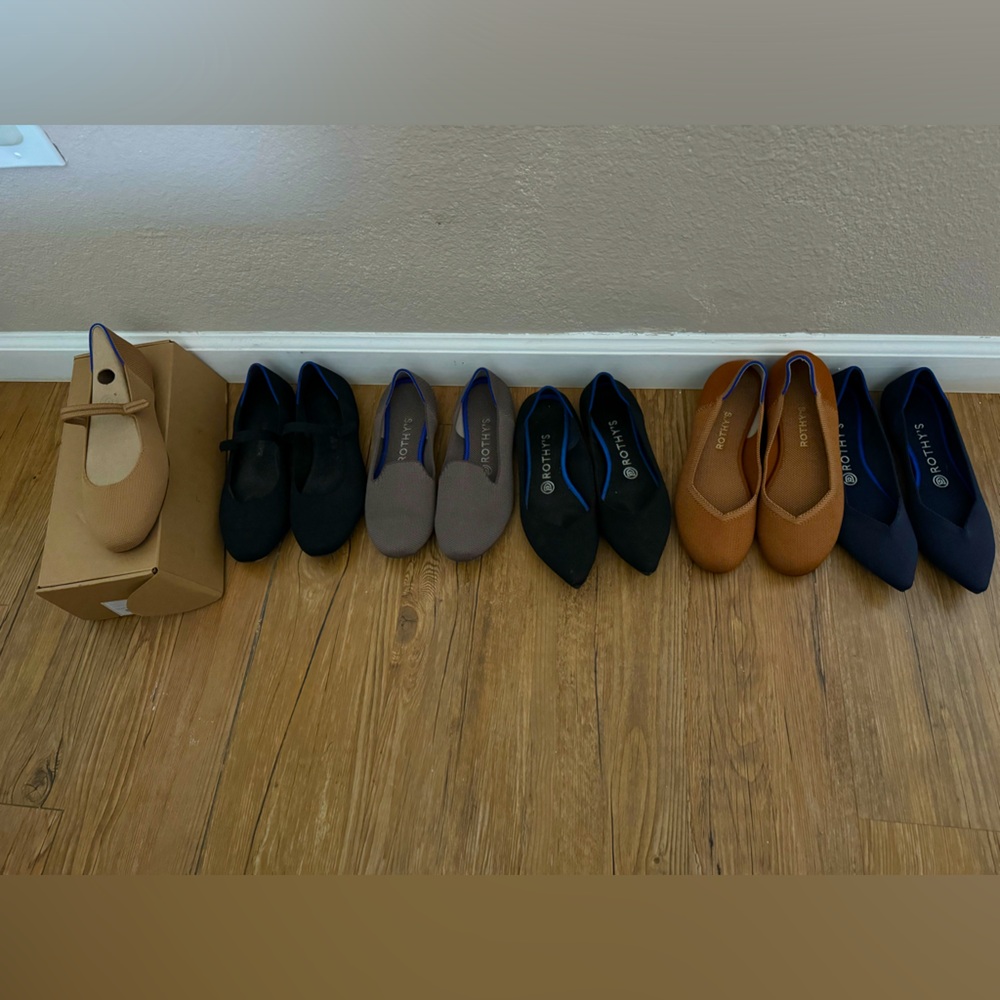 Six pairs of Size 8 Rothy’s in New, Like New, and in good condition